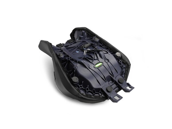 Under the front motorcycle seat of the 2-pc Sargent World Sport aftermarket motorcycle seats for the BMW R 1300 GS low with silver.